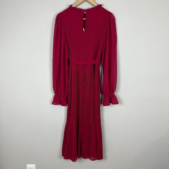 Anrabees Midi Dress XL Maroon Pleated Long Puff Sleeve Ruffle A-line Chiffon NEW - Picture 10 of 16